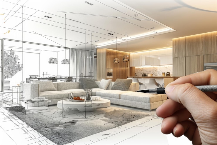 Photo a drawing of a living room with a hand holding a remote