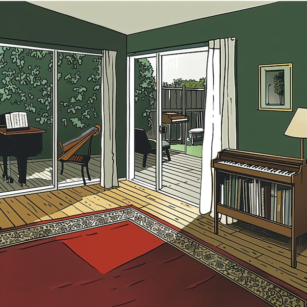 Photo a drawing of a living room with a piano and a piano