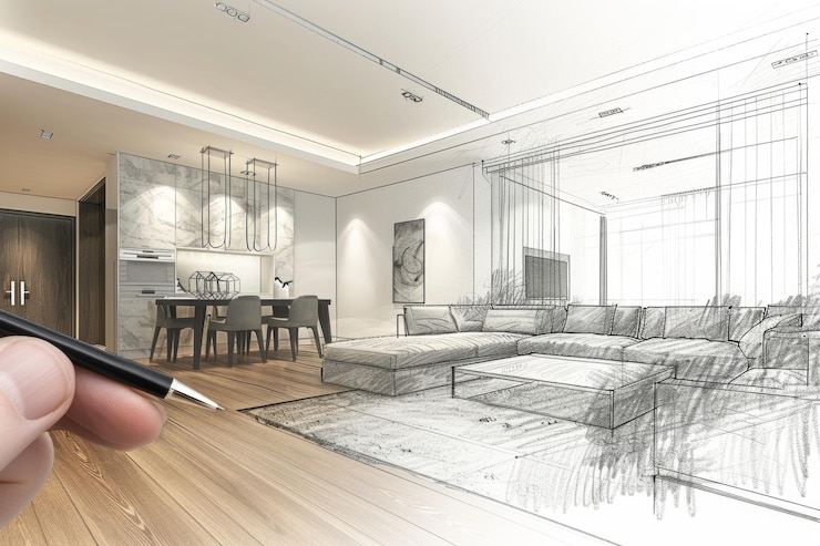 Photo a drawing of a living room with a table and chairs