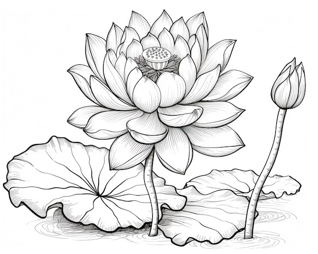 a drawing of a lotus flower with leaves and a butterfly generative ai