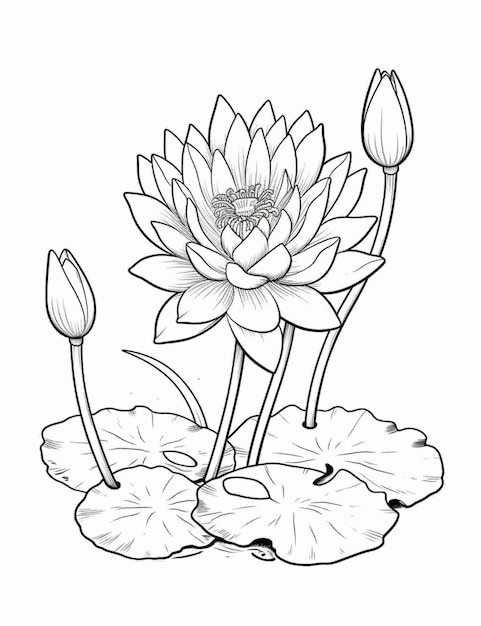 A drawing of a lotus flower with leaves and water lils generative ai