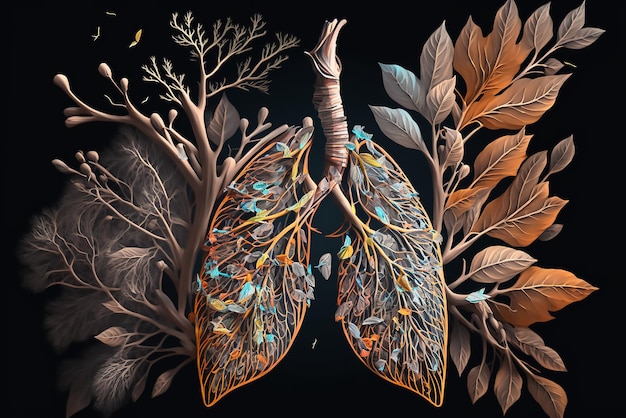 A drawing of lungs and leaves on a black background.