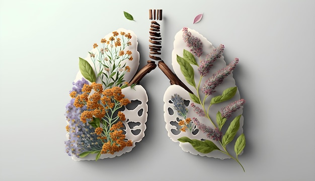 A drawing of a lungs with flowers and leaves