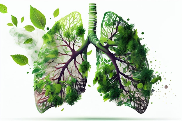 A drawing of a lungs with green leaves on it