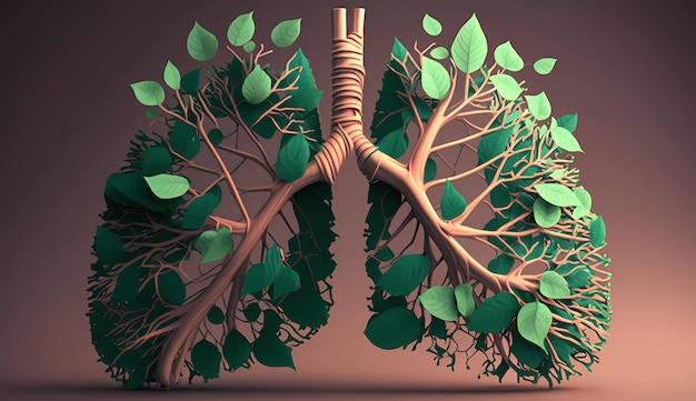 A drawing of lungs with green leaves on them