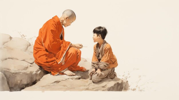 Photo a drawing of a man and a boy with a book that says  the boy is sitting on the ground