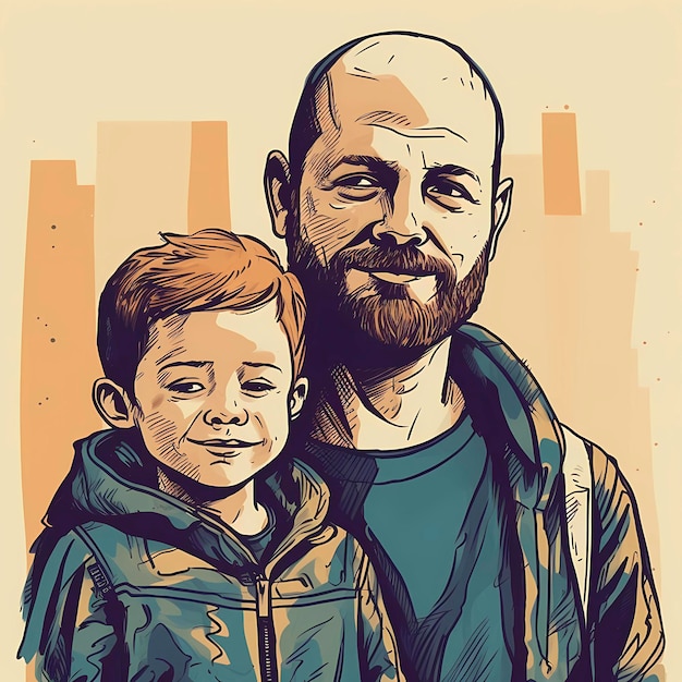 A drawing of a man and a boy with the word " on it "