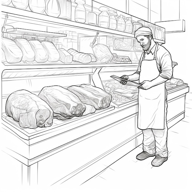 a drawing of a man in a butcher shop checking out meat generative ai