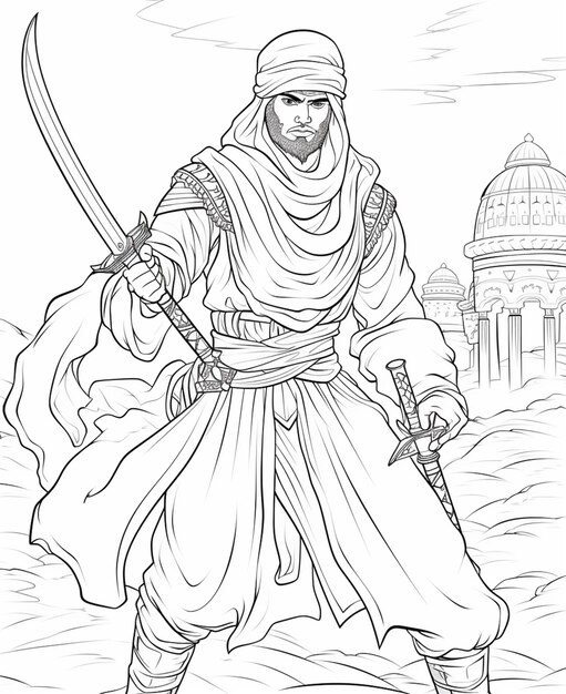 a drawing of a man in a desert outfit holding a sword generative ai