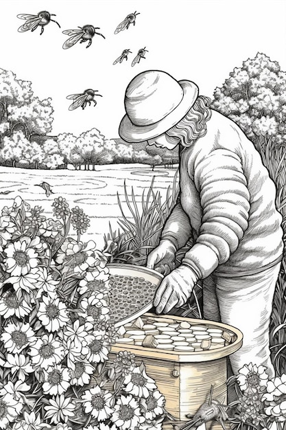 Photo a drawing of a man in a hat and a bee suit is picking flowers generative ai