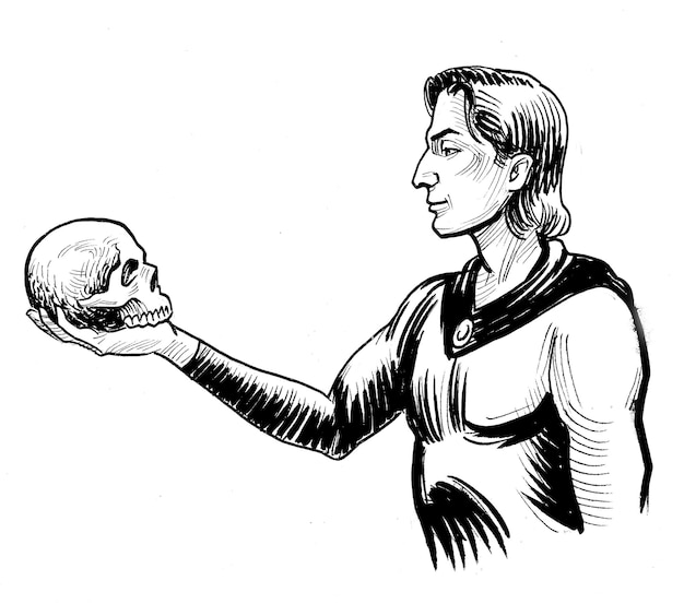 A drawing of a man holding a skull in his hand.