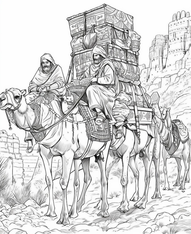 Photo a drawing of a man riding a camel with a cart on it generative ai