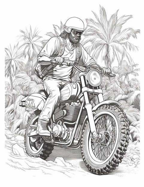 Drawing of a man riding a motorcycle on a dirt road generative ai