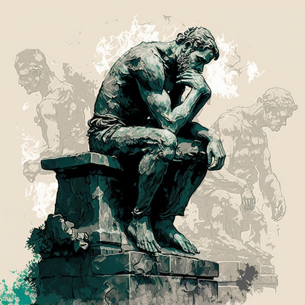 A drawing of a man sitting on a bench with the words " thinker " on it.