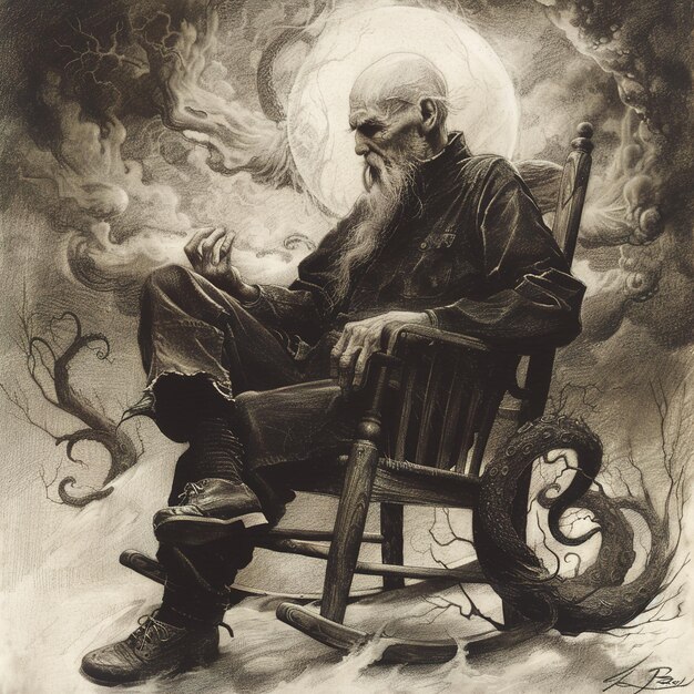 a drawing of a man sitting in a chair with a sword