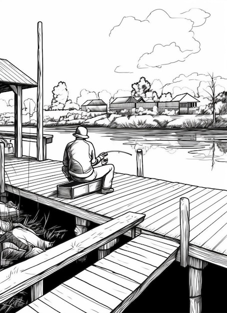 Photo a drawing of a man sitting on a dock with a fishing rod generative ai