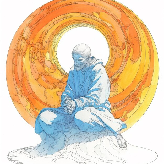 Photo a drawing of a man sitting on a rock with a large orange circle in the background generative ai