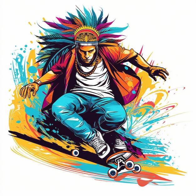 рисунок человека на скейтборде с красочным фоном.