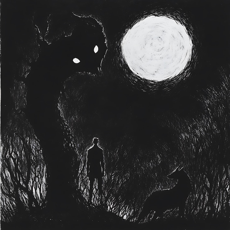 Photo a drawing of a man standing in a field with a full moon in the background