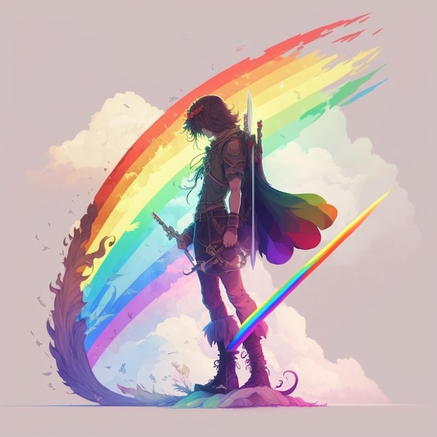 A drawing of a man standing in front of a rainbow.