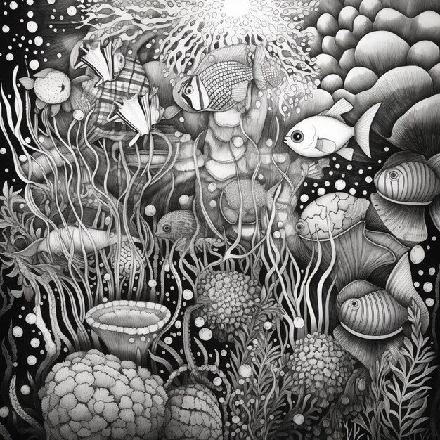 A drawing of a man standing in a sea with fish and plants generative ai