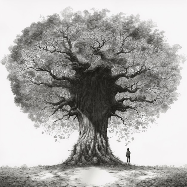 Рисунок человека, стоящего под деревом с птицей, летящей вокруг него