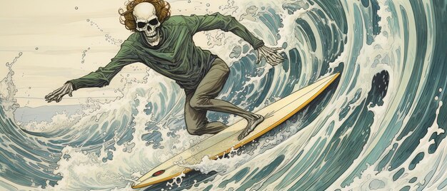 Foto un disegno di un uomo su una tavola da surf nell'acqua