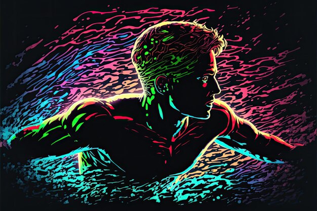 A drawing of a man swimming in a pool with a rainbow colored background.