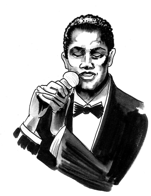 A drawing of a man in a tuxedo holding a microphone.