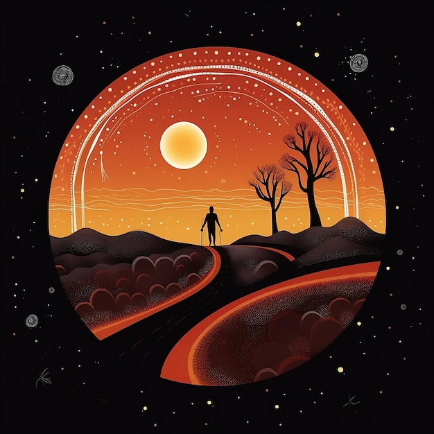 A drawing of a man walking in a desert with a moon and stars on the background.