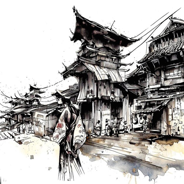 Photo a drawing of a man walking down a street with a man carrying a bag