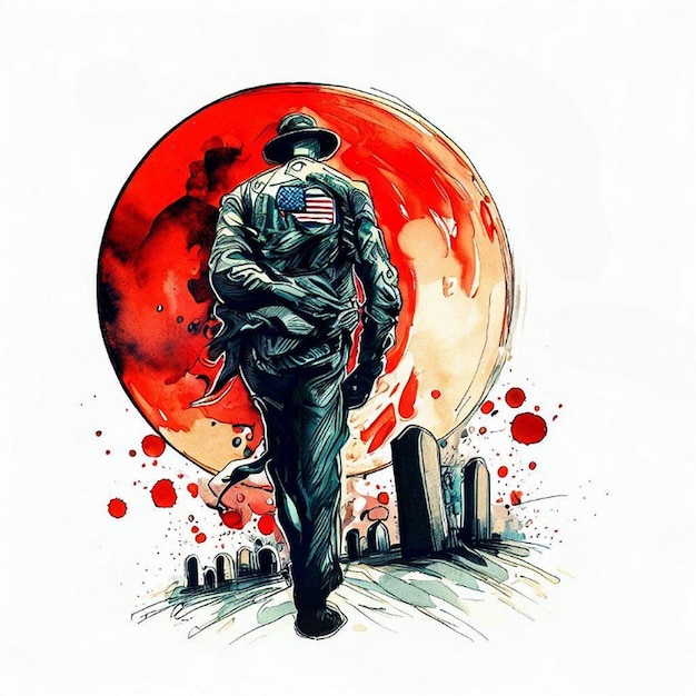A drawing of a man walking in front of a red circle.