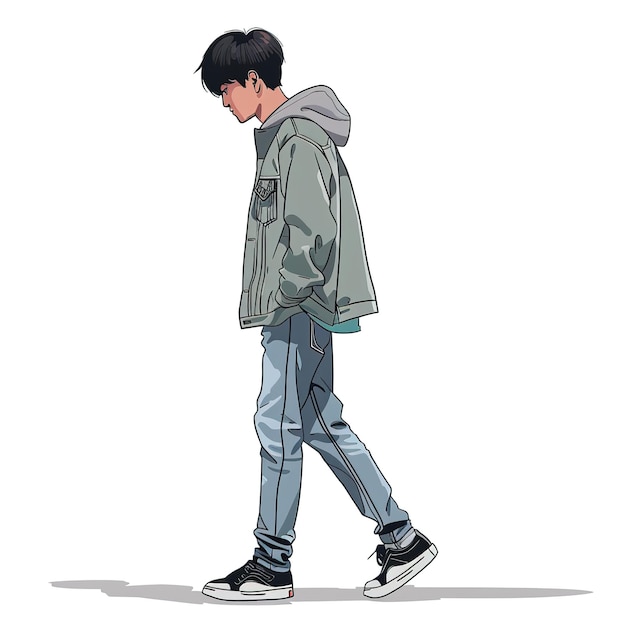 a drawing of a man walking in a green jacket