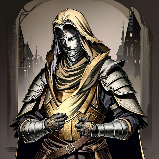 A drawing of a man wearing a gold armor and a gold hood.
