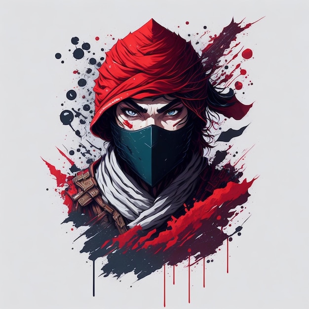 Photo a drawing of a man wearing a red hood and a mask with the word 