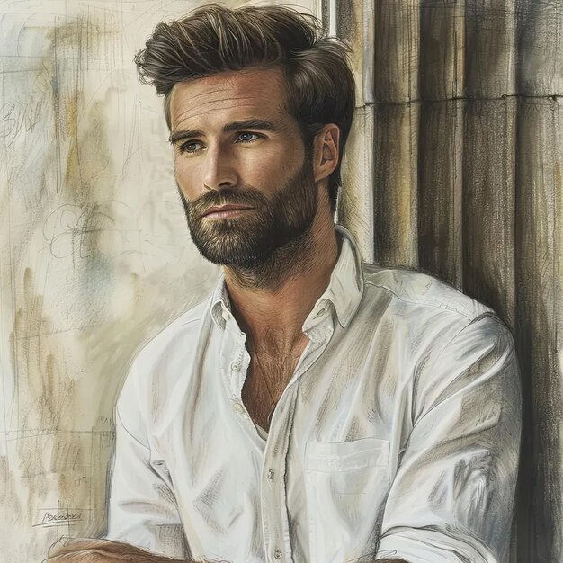 A drawing of a man in a white shirt