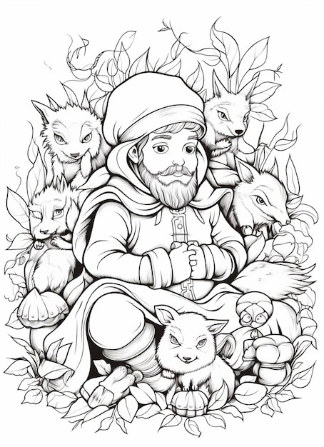 a drawing of a man with a beard and a beard sitting in a pile of animals generative ai