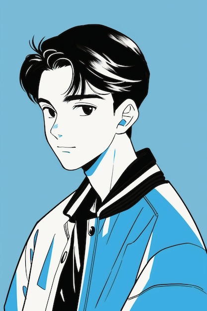 A drawing of a man with a blue jacket and a blue jacket.