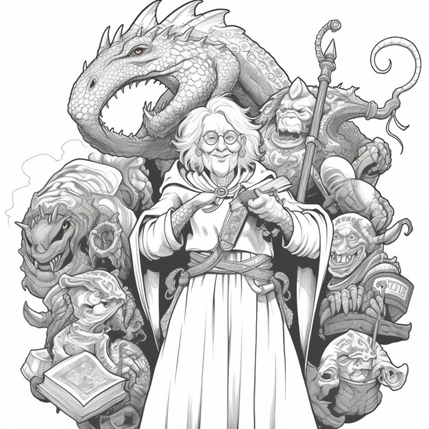 a drawing of a man with a dragon and many other characters generative ai