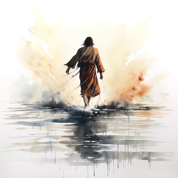 Photo a drawing of a man with a fishing rod in the water