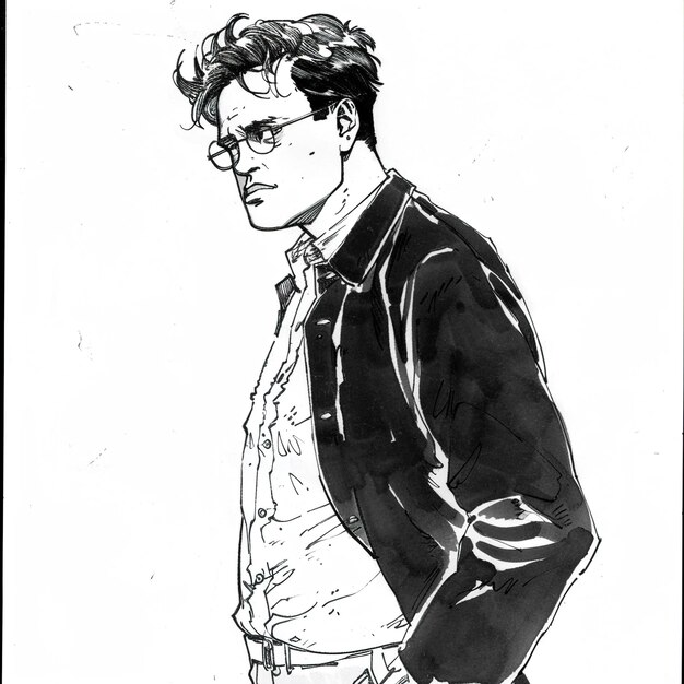 a drawing of a man with glasses and a shirt that says  the word