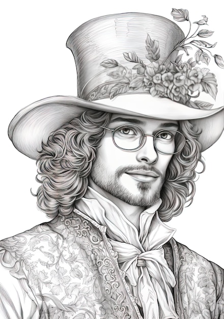 a drawing of a man with a hat and glasses