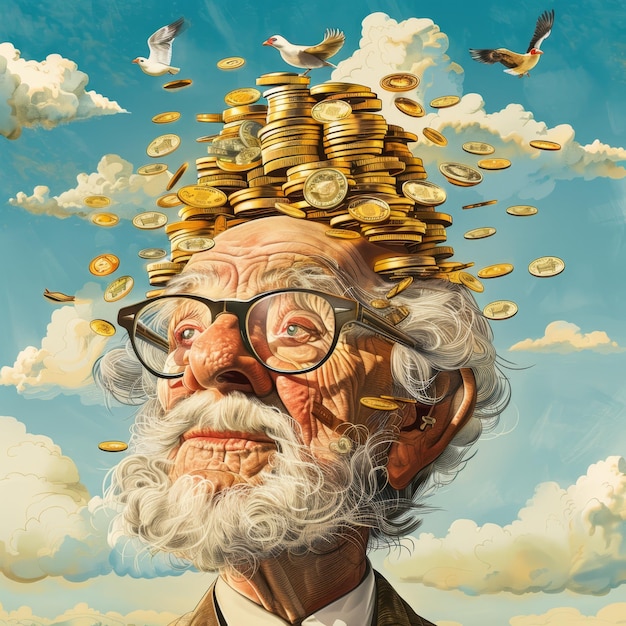a drawing of a man with a lot of money on his head