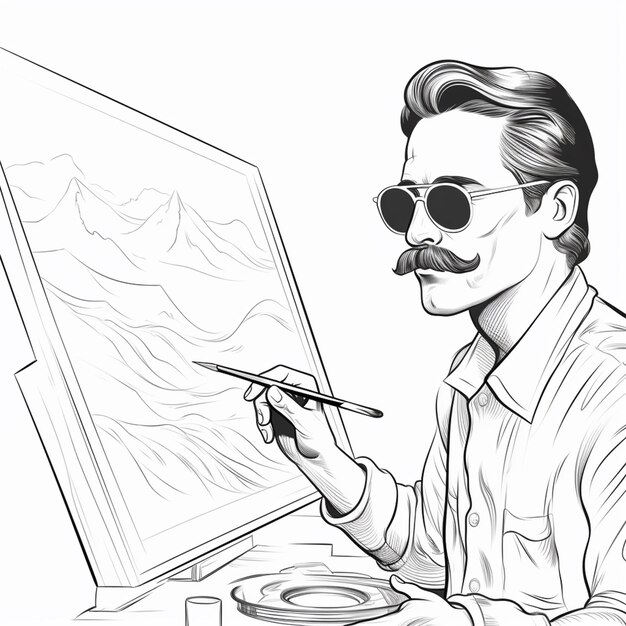 Foto un disegno di un uomo con baffi e occhiali da sole che dipinge ai generativi