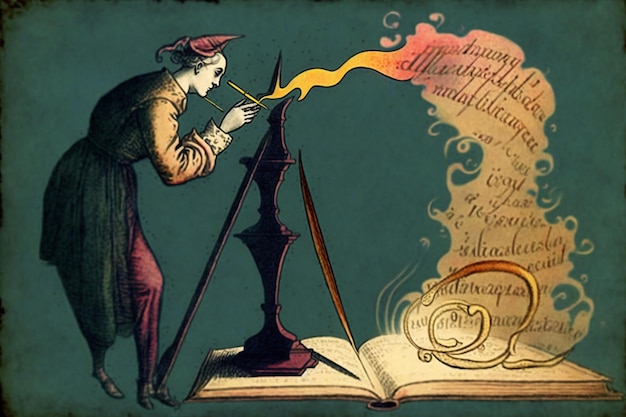 A drawing of a man with a pen is in front of a book that says'magic '.