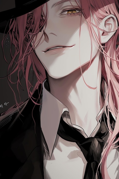 a drawing of a man with pink hair and a bow tie