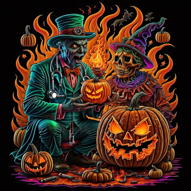 A drawing of a man with a pumpkin and a skull on it