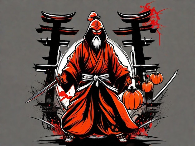 A drawing of a man with a sword and temple vibe