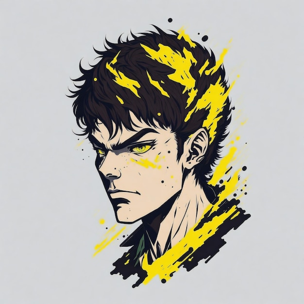 노란 머리와 녹색 눈을 가진 남자의 그림.
