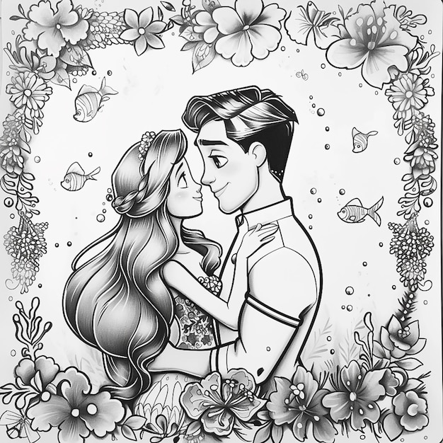 Photo a drawing of a man and woman kissing in a floral frame